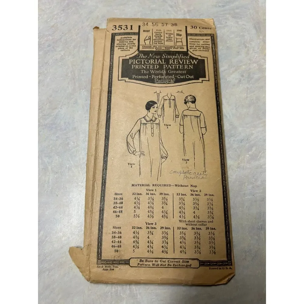 Antique 1920's-30's Pictorial Review Pattern #3531 Ladies‎ Nightgown